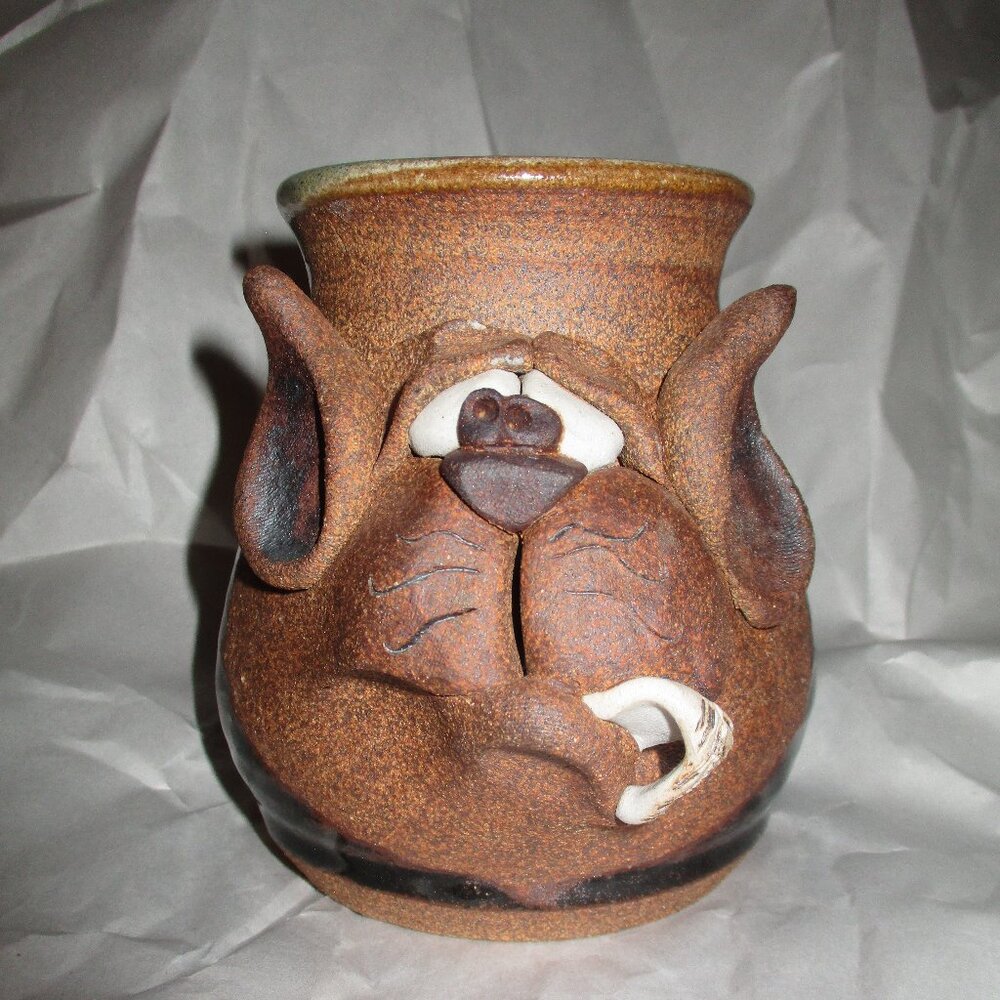 VTG Ugly Face Mug Mahon Made Stoneware Dog or Cat Artist Signed